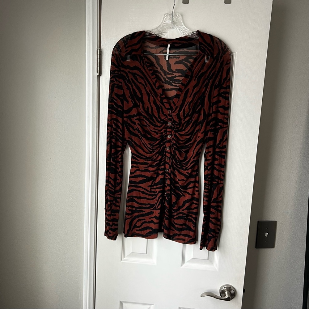 Free People Ruched Fitted Long Sleeve Blouse in Brown and Black